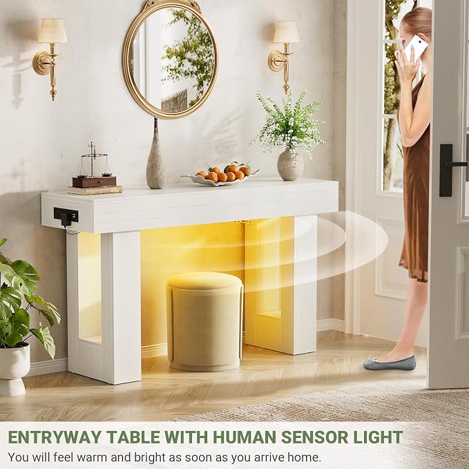 Unikito 47" Entryway Table with Socket and Sensor Light, Narrow Console Table with Storage Behind Couch, Farmhouse Entry Way Tables with Open Storage for Entrance/Hallway/Living Room, Rustic White