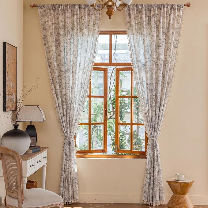 OYX Boho Floral Curtains 96 Inch, Linen Farmhouse Flower Drapes with Lace & Tassels, Light Filtering Semi Sheer Curtains for Living Room Bedroom, 2 Panels