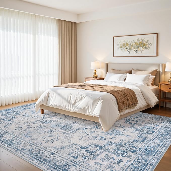 9x12 Area Rugs for Living Room:Blue Washable Vintage Medallion Boho Rug Non-Slip No Slip Stain Resistant Soft Low Pile Large Rugs Indoor Retro Carpet for Bedroom Nursery Dining (Blue Grey 9'x12')