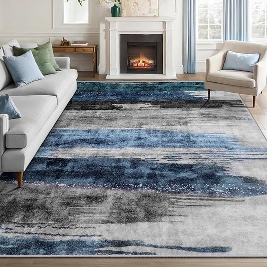 Ciicool Modern Abstract Deep Blue Gray Rug for Living Room, 4'x6' Machine Washable Area Rug Non-Slip Rug, Low-Pile Contemporary Indoor Dining Floor Carpet for Bedroom Office Under Table Home Decor
