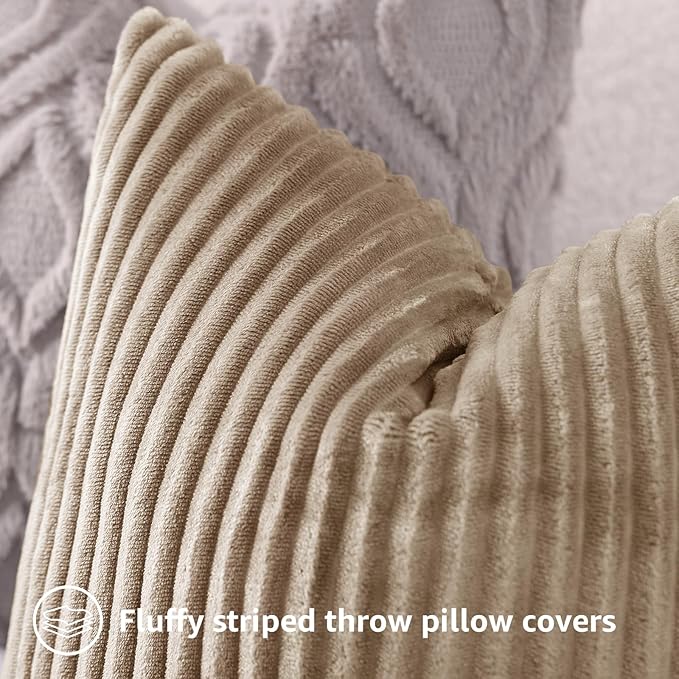 decorUhome Set of 4 Flannel Throw Pillow Covers 16x16 Inch, Spring Decorative Soft Double-Sided Fluffy Couch Pillow Covers, Farmhouse Neutral Pillow Cases for Sofa Living Room (Beige/White)