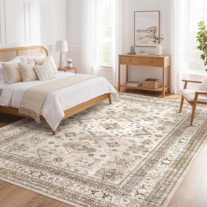 Vintage Living Room Area Rug 8x10 - Large Soft Washable Oriental Traditional Distressed Farmhouse Rugs for Bedroom - Indoor Floor Accent Carpet for Home Office House Decor - Beige