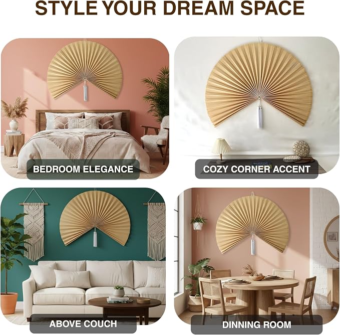 SUCHUBU Large Bamboo Wall Hanging, 47" Wall Hanging Fan For Decoration, Headboard Fan Decor, Woven Bamboo Art, Boho & Asian Inspired Home Decoration (Beige, Large)