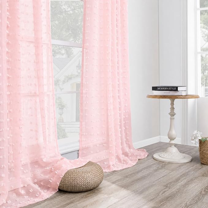 Boho Pom Pom Curtain for Girls Bedroom Light Pink Sheer Curtains for Living Room 96 Inch Length 2 Panels Airy Sunlight Filtering Back Tab Butterfly Soft Pretty Voile Drape for Princess Baby Pink 52x96