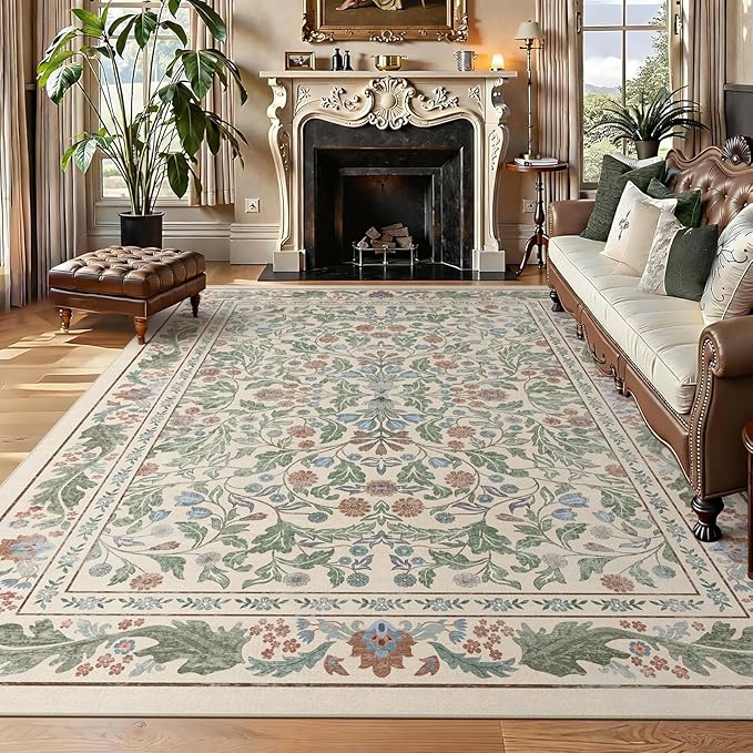 Floral 8x10 Area Rugs for Living Room, Machine Washable Vintage Rug Boho Low Pile Carpets Non Slip Soft Carpet for Farmhouse Bedroom Office Rugs, Kids Room, Nursery Room, Playroom, Beige