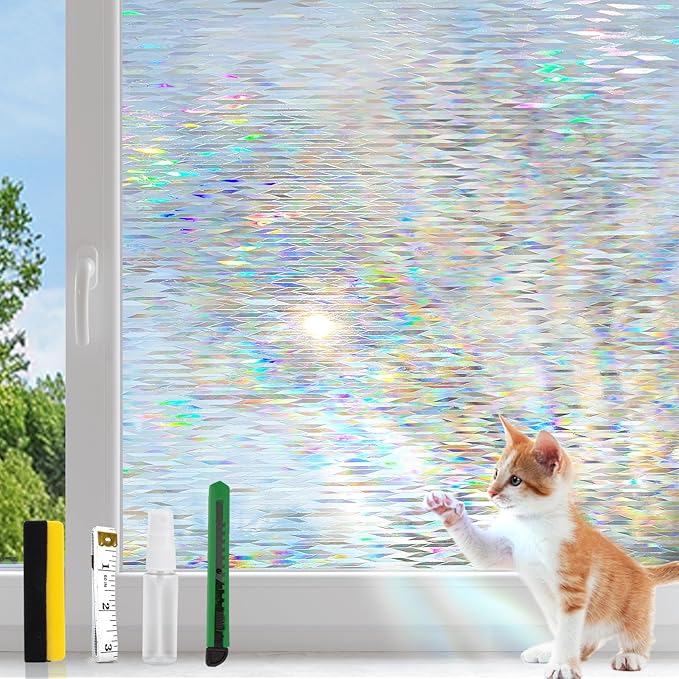 Decorative Stained Glass Window Film, Privacy Film for Glass Windows Rainbow Window Cling Colored Window Film Energy Saving, Perfect for Home and Office, Laser Rhombic, 23.6 Inch X 13.1 Feet