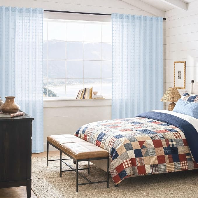 DANCURTON Light Blue Sheer Curtains 96 Inches Long for Living Dining Room Pom Pom Back Tab Boho Farmhouse Sheer Drapes 2 Panels Pale Baby Pastel Blue Voile Curtain for Boys Girls Bedroom Nursery 52x96