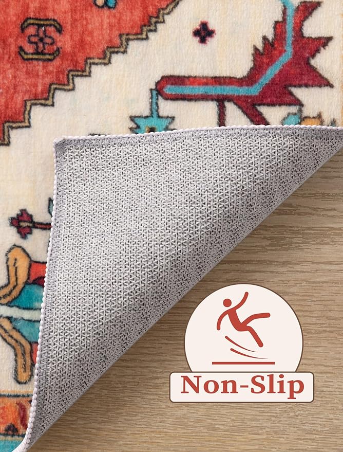 SERISSA Runner Rug for Hallways, 3x8 Washable Non Slip Kitchen Runner Rug, Long Boho Rug Vintage Orange Hallway Stair Ultra Soft Print Floor Carpet for Bedroom Bathroom Laundry Room