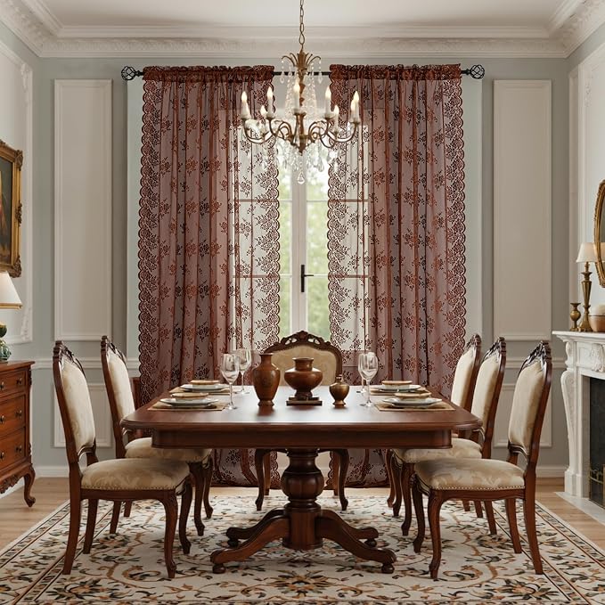 Kotile Brown Lace Curtains 72 Inches Long 2 Panels W42 x L72 in, Country Rustic Floral Warm Borwn Colored Sheer Curtains for Living Room, Rod Pocket Privacy Light Filtering Vintage Sheer Lace Curtain