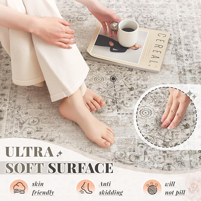 Area Rug 4x6 Vintage Rug: Washable Indoor Medallion Rugs Low Pile Distressed Floor Carpet Retro Accent Rug for Living Room Bedroom Kitchen Dining Table Home Office(Distressed Taupe, 4'x6')