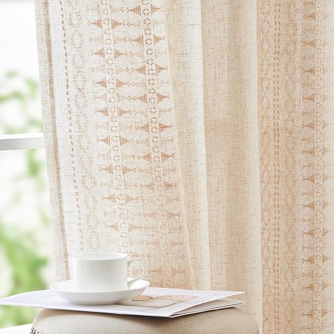 jinchan Boho Curtains for Bedroom Linen Blend Embroidered Bordered Farmhouse Curtains Living Room Drapes 63 Inch Length Bohemian Light Filtering Grommet Window Drapes 2 Panels Ivory on Beige