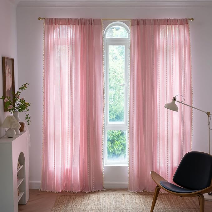 RoomTalks Cute Pink Textured Curtains for Girls Bedroom Nursery 84 Inches Length 2 Panels Light Filtering Boho Chic Tassel Window Curtain Panels Modern Farmhouse Draperies