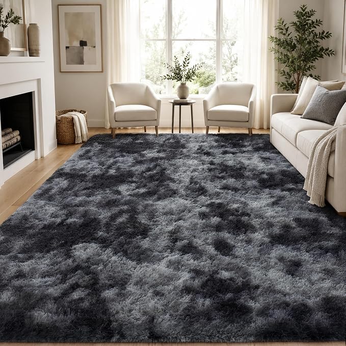 Area Rug for Living Room Bedroom: 9x12 Black Grey Soft Fluffy Shag Upgrade Non-Slip High Pile Carpet Large Fuzzy Plush Indoor Floor Decor Shaggy Rug for Kid Boys Girls Playroom Nursery Modern Home