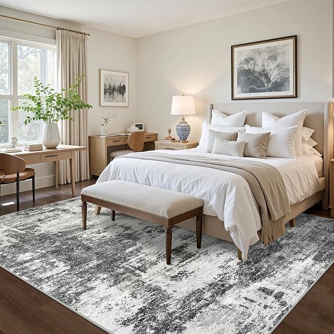 10x14 Area Rugs Living Room Rugs: Large Washable Rug with Anti-Slip Backing Non-Shedding Stain-Resistant Soft Abstract Carpet for Bedroom Dining Room Nursery Home Office-Black/Gray