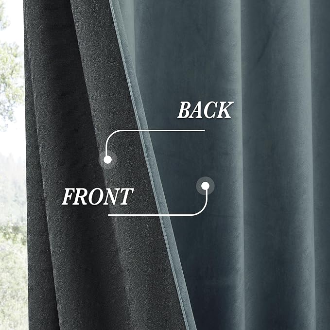 RYB HOME Dusty Blue Velvet Drapes for Baby Boy Bedroom, Thermal Insulated, Light Blocking, Floor-Length Velvet Curtains with Hook Belt for Modern Home Decor, 52" W x L108 L, 2 Panels Set