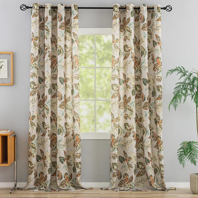 ALIGOGO Linen Botanical Curtains - 96" Long for Living Room - Tropical Leaves Pattern - Semi-Sheer - Cottage Core - Privacy Protect - French Country - Moody - 50" W x 96" L