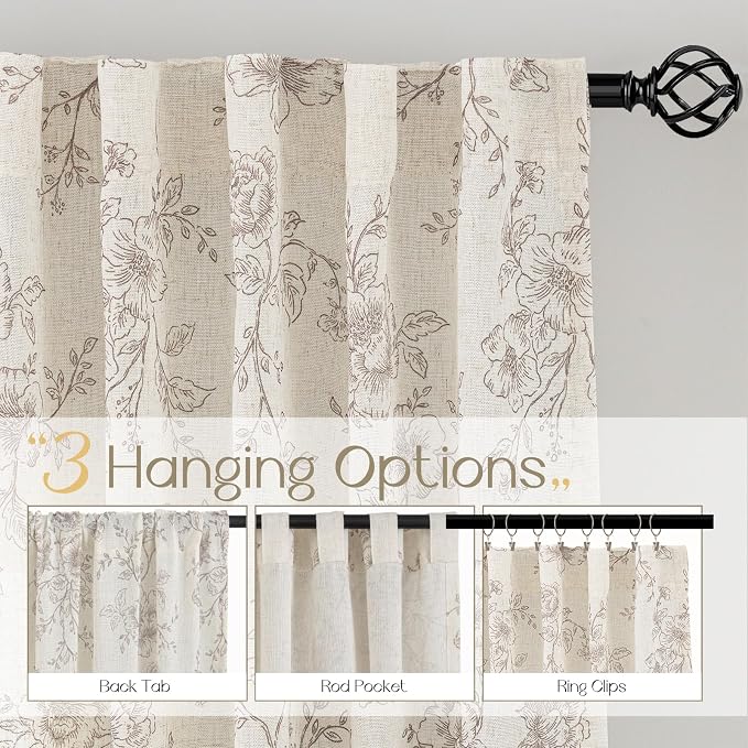 Coffee Floral Curtains 84 inch Length Back Tab Farmhouser Living Room Light Filtering Curtains Coffee Pattern Print on Cream White Linen Curtain Minimalist Aesthetic Sketch Style Vintage Room Decor