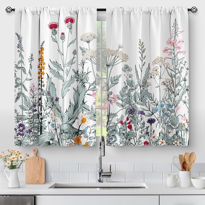 Aimego Flower Leaves Kitchen Curtains - Dark Green Floral Spring Rustic Plant Botanical Cafe Farmhouse Small Short Curtains for Bathroom RV Rod Pocket Window Drapes 24 Inch Length 2 Panels Set