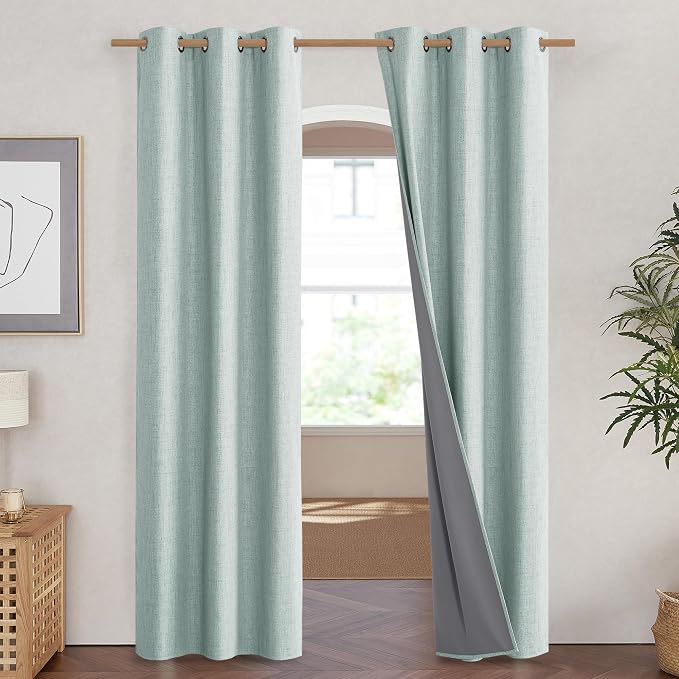 NICETOWN 100% Absolutely Blackout Linen Curtains with Thermal Insulated Liner, Seafoam Green, 42" Wide, 90" Length Energy Saving Curtains for Living Room 2 Panels Set, Vertical Blinds