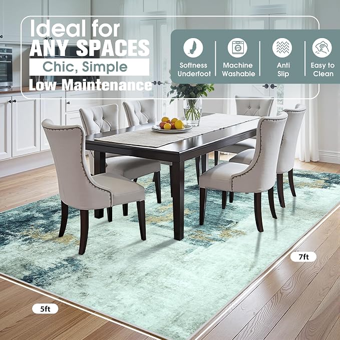 5x7 Area Rugs for Living Room Rug Washable: Abstract Rug for Dining Room Bedroom Carpet Non Slip 5 by 7 Indoor Modern Nursery Home Office Teal Grey Gold