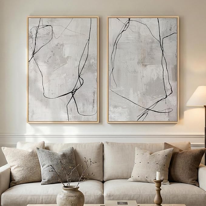 Framed Gray Abstract Wall Art for Living Room, Large Set of 2 Modern Minimalist Canvas Artwork for Walls, Contemporary Black Line Paintings Prints Wall Decor for Bedroom Dining Room Hallway, 24x36 In