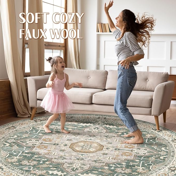 10ft Round Rug Living Room Rugs: 10x10 Washable Boho Neutral Large Circle Soft Indoor Distressed Stain Resistant Floor Farmhouse Carpet for Bedroom Nursery Kids Playroom Office Dining Room Dorm- Green