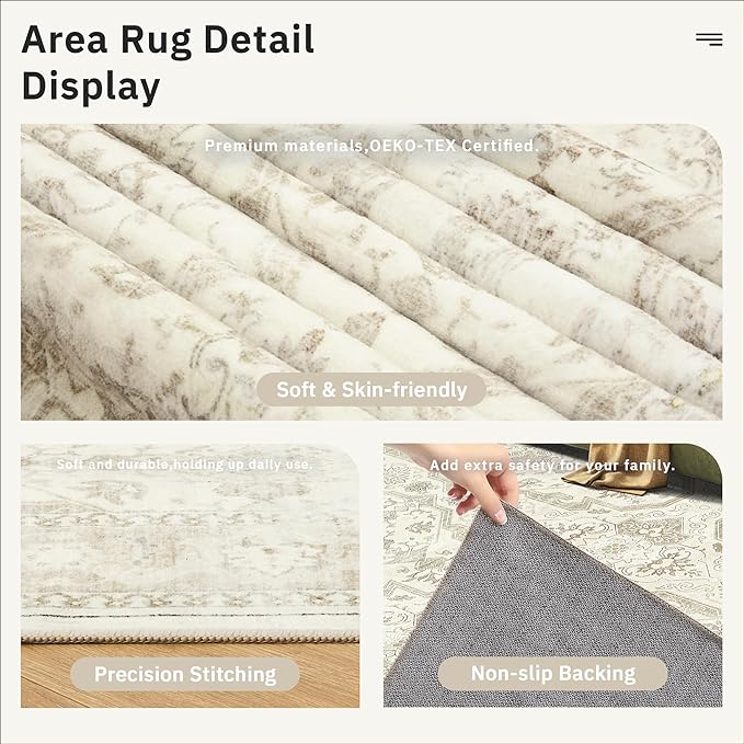 Soalmost Area Rug 6x9, Washable Rugs, Stain Resistant Gray Area Rugs for Living Room Bedroom Dining Room, Vintage Farmhouse Rug Beige