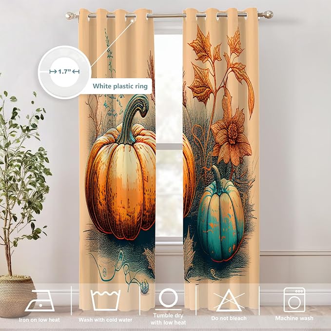 Shrahala Autumn Pumpkin Harvest Blackout Window Curtains, Abstract Art Hand Painting Flowers Grass Thermal Insulated Curtains Grommet Top Window Drapes for Living Room, Bedroom (2 Panels, 52 x 84 in)