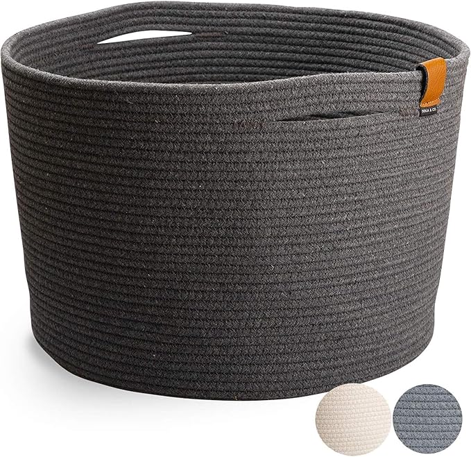 DENJA & CO Large Storage Shoe Basket - Woven Decorative Floor Basket for Home Entryway | Charcoal Gray (17.7 x 11.4 inches)