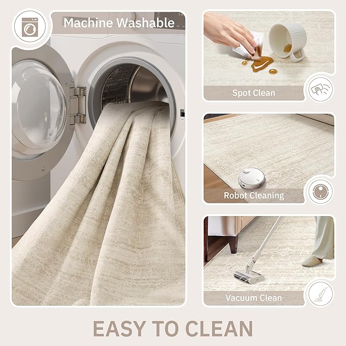 Soalmost 9x12 Area Rugs for Living Room, Washable Soft Rug Beige/Cream | Non-Slip Low Pile Natural Vintage Floral Rug Throw Carpet for Dining Room Bedroom Home Office Nursery 9'x12'
