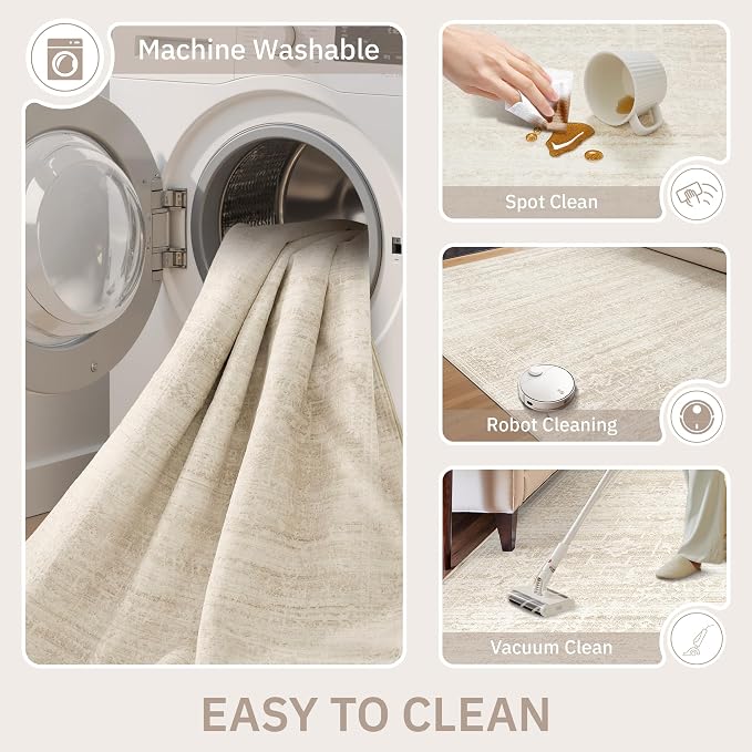 Soalmost 6x9 Area Rugs for Living Room, Washable Soft Rug Beige/Cream | Non-Slip Low Pile Natural Vintage Floral Rug Throw Carpet for Dining Room Bedroom Home Office Nursery 6'x9'