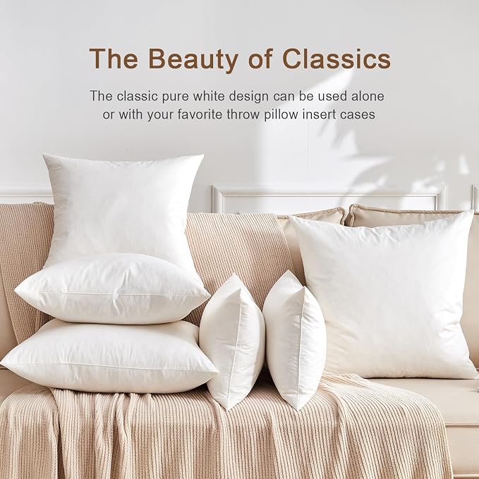 Organic Feather Down Throw Pillow Inserts (16x16 Inch, Set of 2) - 100% Cotton Shell, Filling of Feathers, Square Decorative Pillow Form Core for Couch, Sofa, and Bed