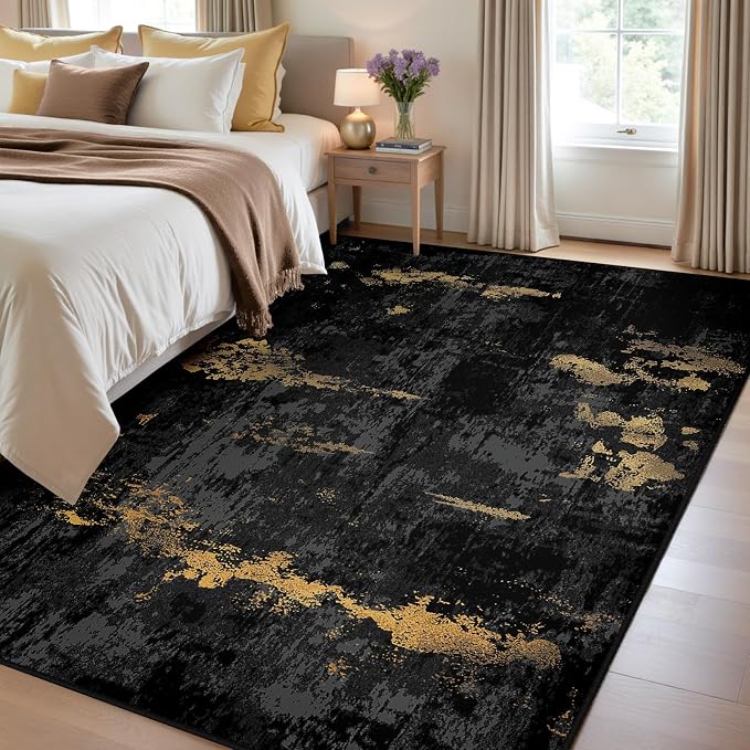 RELEANY Washable Area Rugs 4'x6' Non-Slip Modern Abstract Soft for Living Room Entryway Bedroom Kitchen, Print Pattern, Dark Black Gold