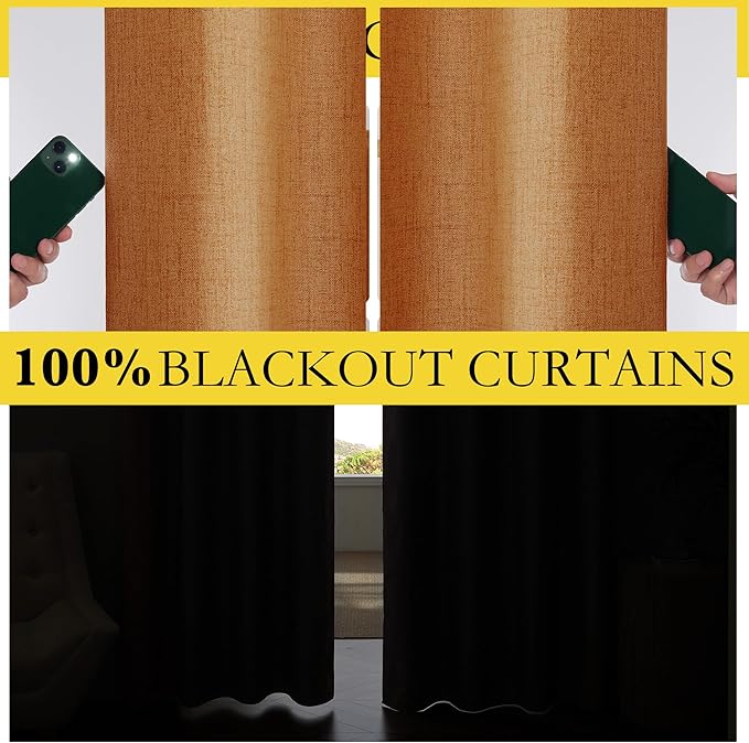 NICETOWN 100% Blackout Burnt Orange Curtains, W52 x L90 in, Thick Linen Blend Rod Pocket & Back Tab, Thermal Insulated Draperies with Grey Liner for Bedroom, Living Room(Set of 2, Pumpkin)