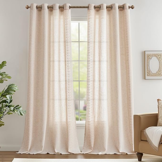 jinchan Boho Curtains for Bedroom Linen Blend Boho Curtains 96 Inches Long 2 Panels Farmhouse Embroidered Drapes for Living Room Drapes Light Filtering Grommet Window Traetments Ivory on Beige