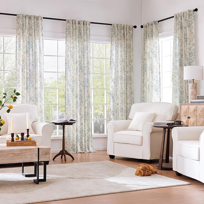 jinchan Linen Blend Curtain Floral Curtains for Living Room 96 Inch Length Blue Printed Curtain Rod Pocket Back Tab Farmhouse Peony Flower Patterned Drapes Bedroom Window Curtains Set 2 Panels