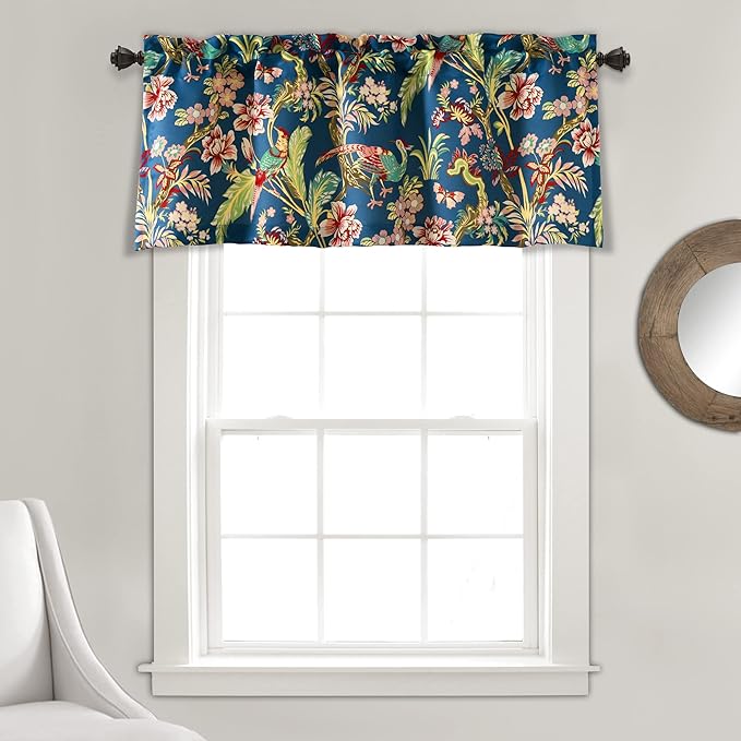 Lush Decor Dolores Light Filtering Valance Curtains Single, 52" W x 18" L Navy & Multi -Valances for Windows - Vintage Valance Floral - Coquette Decor