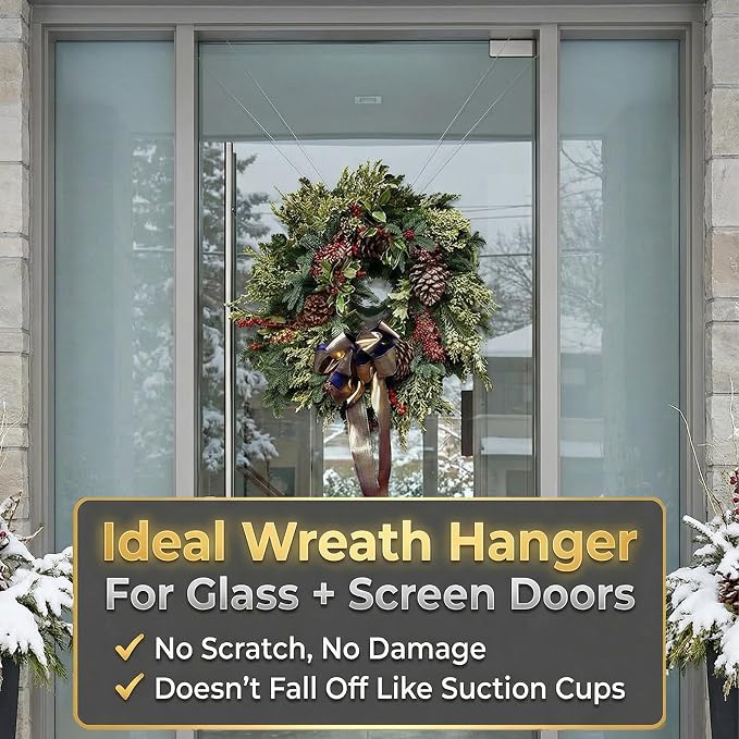 Zip 'n Hang Wreath Hanger for Front Door – Damage Free Adjustable Door Wreath Hanger for Glass, Screen & Standard Doors, Christmas Wreath & Decor Hook (White - 3 Pack)