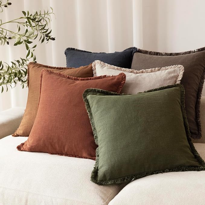 Foindtower Set of 2 Decorative Linen Fringe Throw Pillow Covers Farmhouse Cushion Cover with Tassels Soft Accent Pillowcase for Couch Chair Sofa Bed Living Room Home Decor,16×16 Inch,Fall Rust Orange