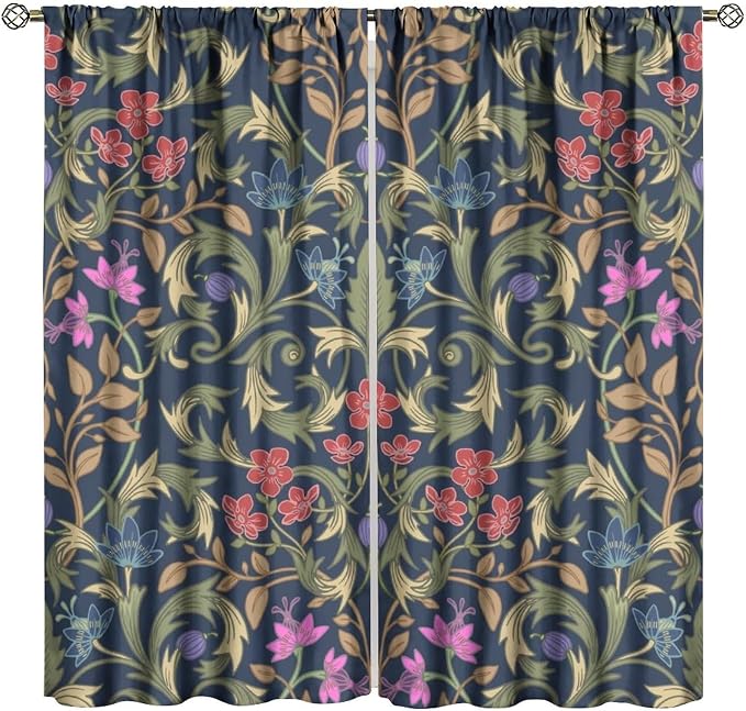 William Morris Flower Blackout Curtains, Retro Botanical Vintage Floral Leaves Window Drapes, for Bedroom Living Room 55" W X 63" L