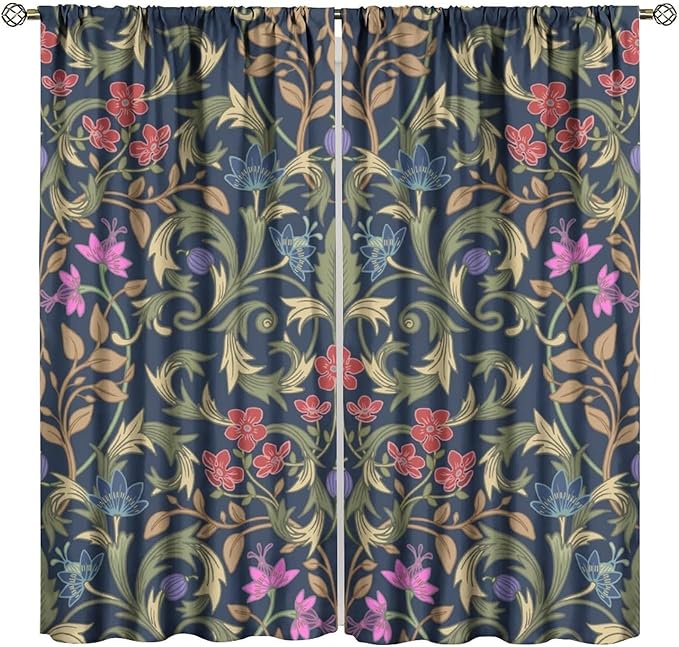 William Morris Flower Blackout Curtains, Retro Botanical Vintage Floral Leaves Window Drapes, for Bedroom Living Room 84" W X 84" L