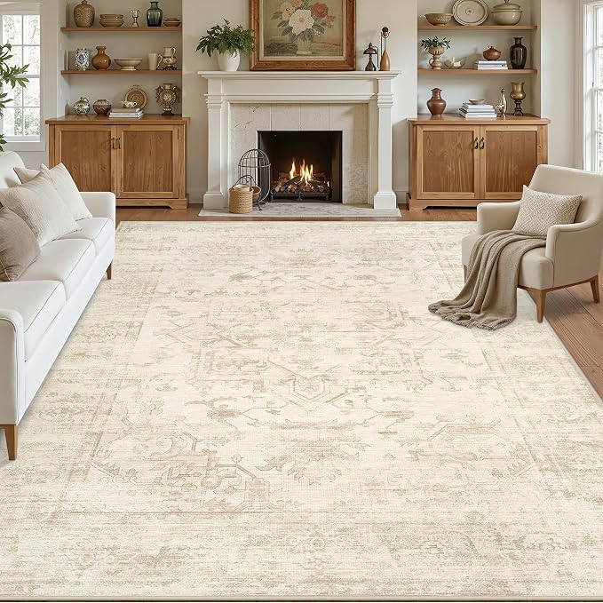 10x14 Area Rug for Living Room: Vintage Boho Neutral Washable Rug Indoor Soft Large Area Rug Carpet for Bedroom Nursery Farmhouse Dining Room Office Floor Non-Slip Low Pile Under Table Rug Beige/Brown