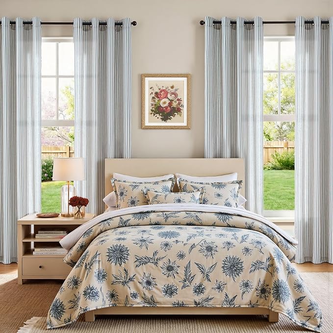 jinchan Linen Curtains 96 inch Blue Stripe on Beige Grommet 2 Panels | Curtains for Living Room Bedroom,Ticking Stripe Pattern,Pinstripe Farmhouse Rustic,Window Treatment,Light Filtering