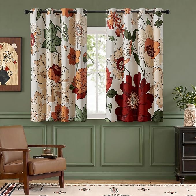 Lazzzy Floral Curtains for Bedroom Living Room Vintage Blackout Curtains 63 Inches Long Room Darkening Drapes Grommet Flower Patterned Window Treatments Set of 2 Panels, 50" x 63"