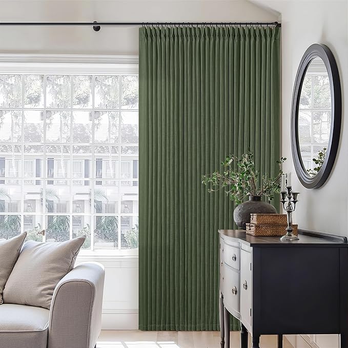 TWODRAPES Olive Green Pinch Pleated Linen Curtains 92 Inches Long 2 Panels for Living Room Bedroom Semi Sheer Pinch Pleat Drapes with Hooks Rings Boho Farmhouse Light Filtering Window Curtain 40x92