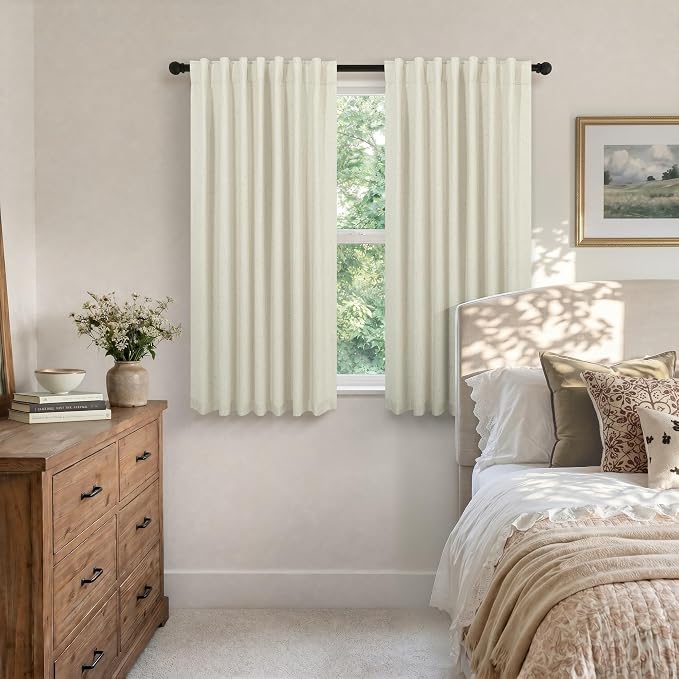 Linen Textured Boho 100% Blackout Small Window Curtains 45 inch Length 2 Panels Country Curtain for Kitchen Door Bathroom Bedroom Living Room Darkening Short Cafe Drape Back Tab Rustic Farmhouse Beige