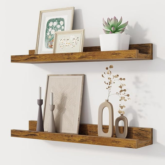 Floating Picture Ledge Shelves Set of 2, 16 Inch Solid Wood Wall Shelves with Lip, Large Nursery Book Shelf for Toys Storage, Kids Bookshelf, Living Room, Bedroom Decor Frames, Rustic Brown