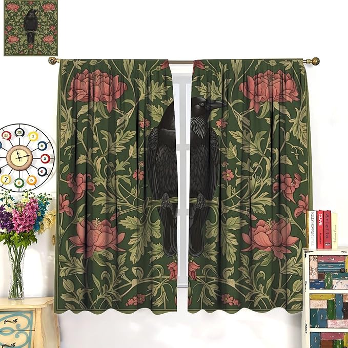William Morris Blackout Curtains, Retro Bird Crow Flower Animal Pattern Window Drapes, for Bedroom Living Room 42" W X 54" L