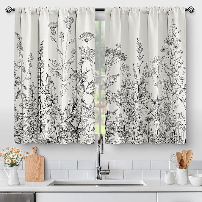Aimego Flower Leaves Kitchen Curtains - Grey Floral Spring Rustic Plant Botanical Cafe Farmhouse Small Short Curtains for Bathroom Living Room Rod Pocket Window Drapes 24 Inch Length 2 Panels Set