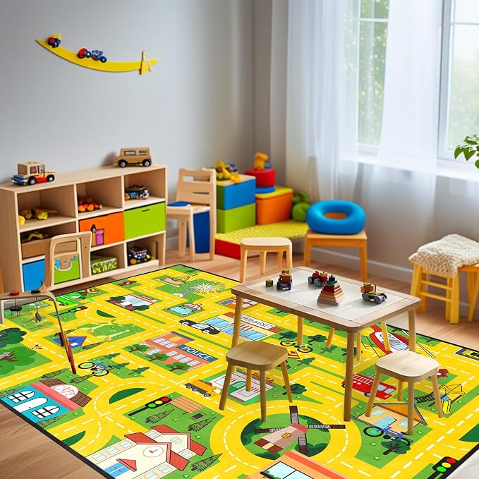 Car Rug Play Mat for Boys Girls Fun Yellow Road Rug for Bedroom Playroom, Fun Car Carpet for Room Decor City Carpet with Race Track, Street, Animal, 5x7 Feet